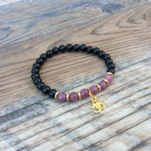Om bracelet with Tourmaline & Lepidolite. healing bracelet - Picture 4 of 9